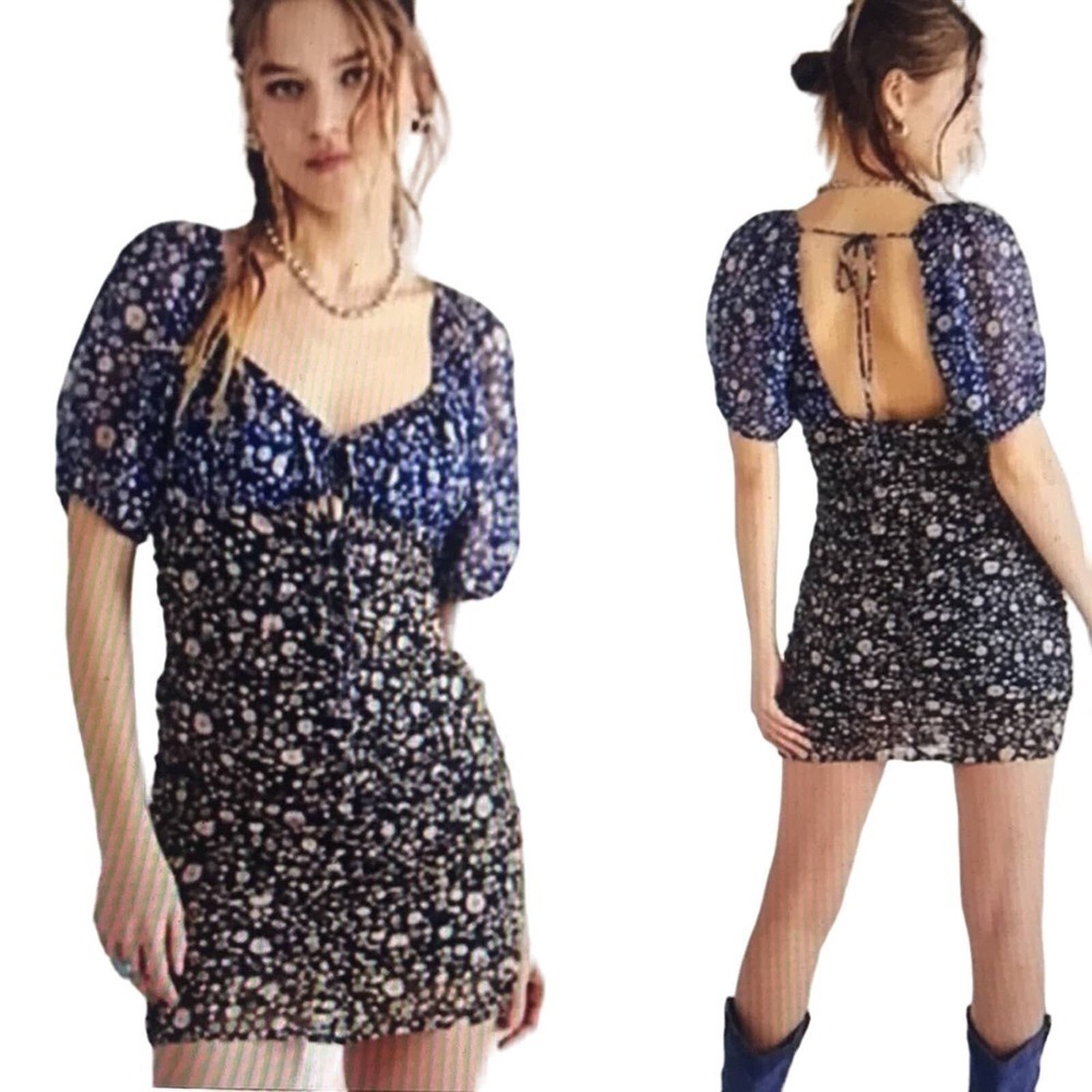 NWOT Free People Tessa Blue /Black Floral Ruched open Back mini dress size Med